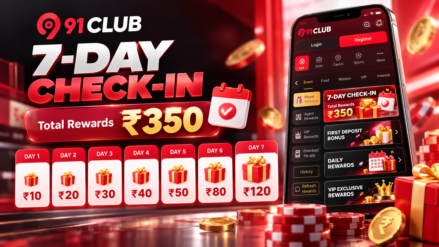 Confirmed 91 Club campaign artwork showing a welcome offer, check-in calendar or prize wheel.