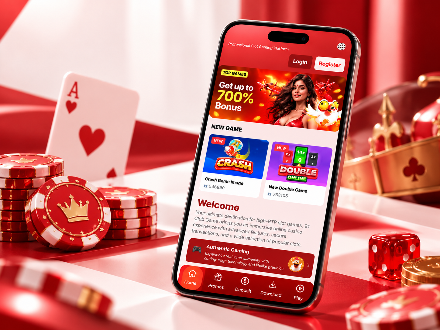 A phone mockup using actual 91 Club homepage and lobby screens, without account details.